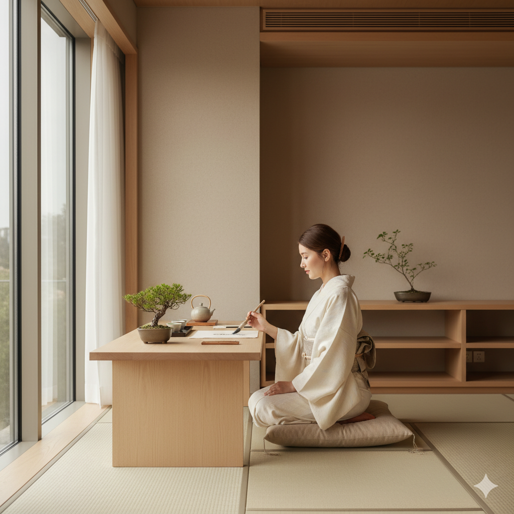 Elegant modern Japanese workspace scene featuring a woman in soft ivory yukata, warm natural light — Mika’s Studio lifestyle image.