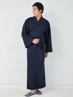 Natural Navy Yukata displayed in minimalist Japanese setting – MikaStudio handcrafted cotton robe