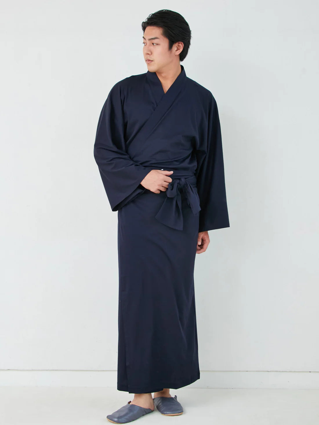 Natural Navy Yukata displayed in minimalist Japanese setting – MikaStudio handcrafted cotton robe