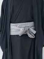 Gray Obi-Belt styled with a minimalist Yukata robe – handcrafted Japanese belt by MikaStudio