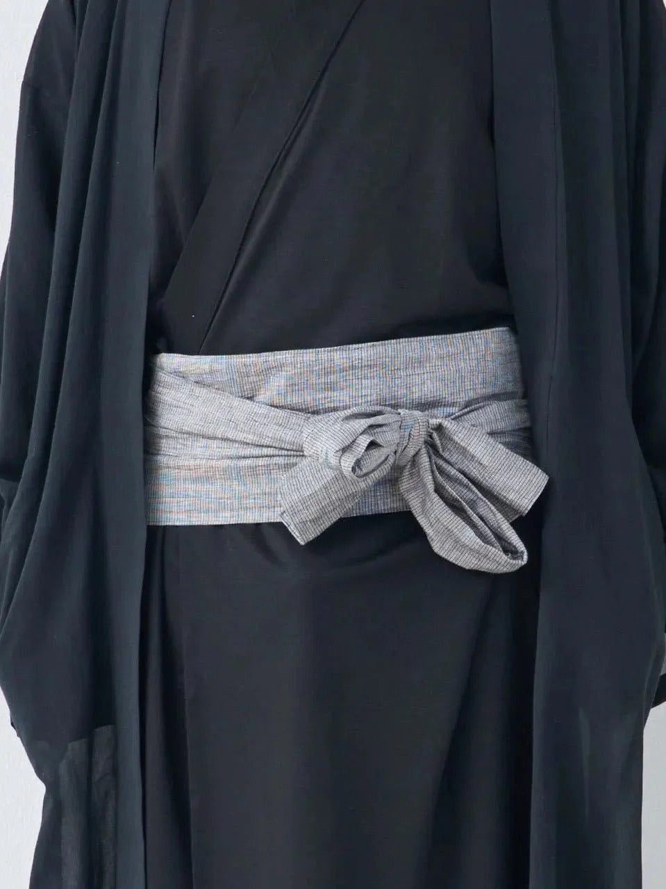 Gray Obi-Belt styled with a minimalist Yukata robe – handcrafted Japanese belt by MikaStudio