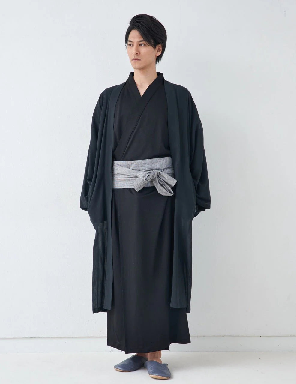 Premium Black Yukata handcrafted in Japan – minimalist matte black robe by MikaStudio