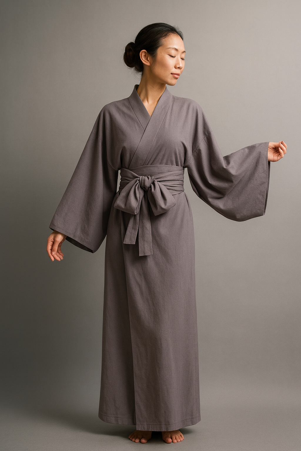 Premium Blue Grey Yukata close-up showing fine cotton weave and Japanese stitching
