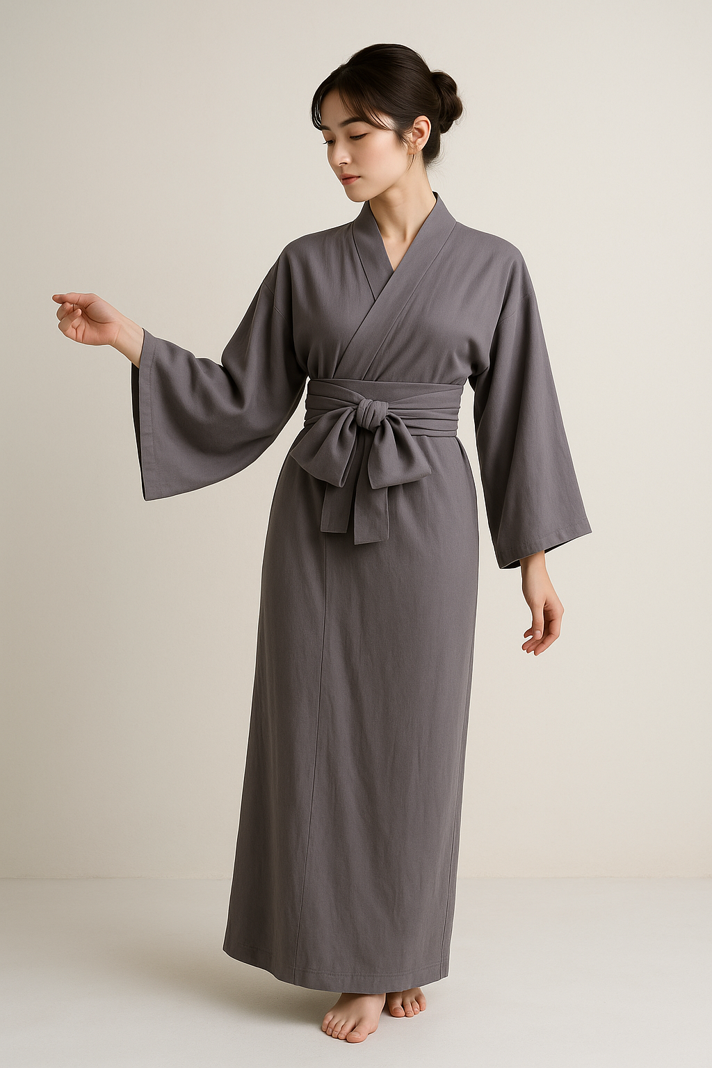 Premium Blue Grey Yukata displayed in serene minimalist interior – MikaStudio handcrafted loungewear