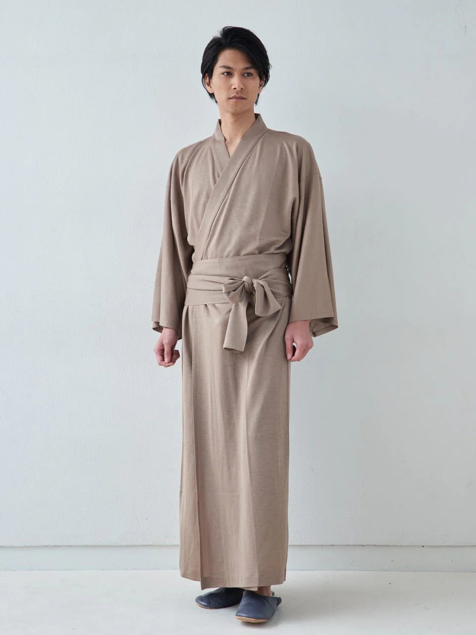 Premium Camel Yukata close-up showing cellulose fabric texture and fine Japanese stitching