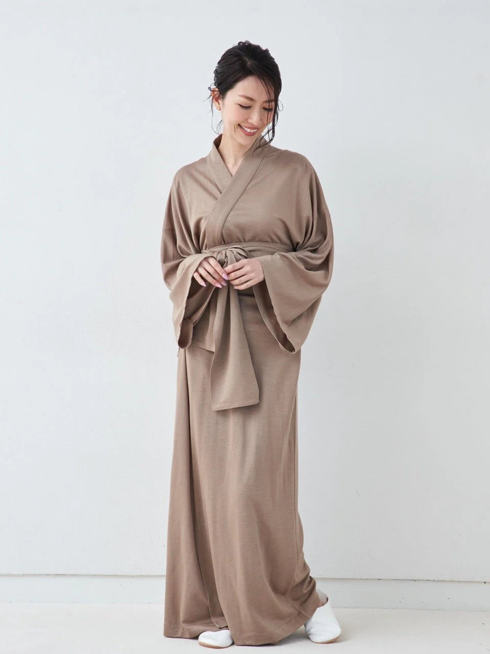 Premium Camel Yukata displayed in soft natural light – handcrafted Japanese robe by MikaStudio
